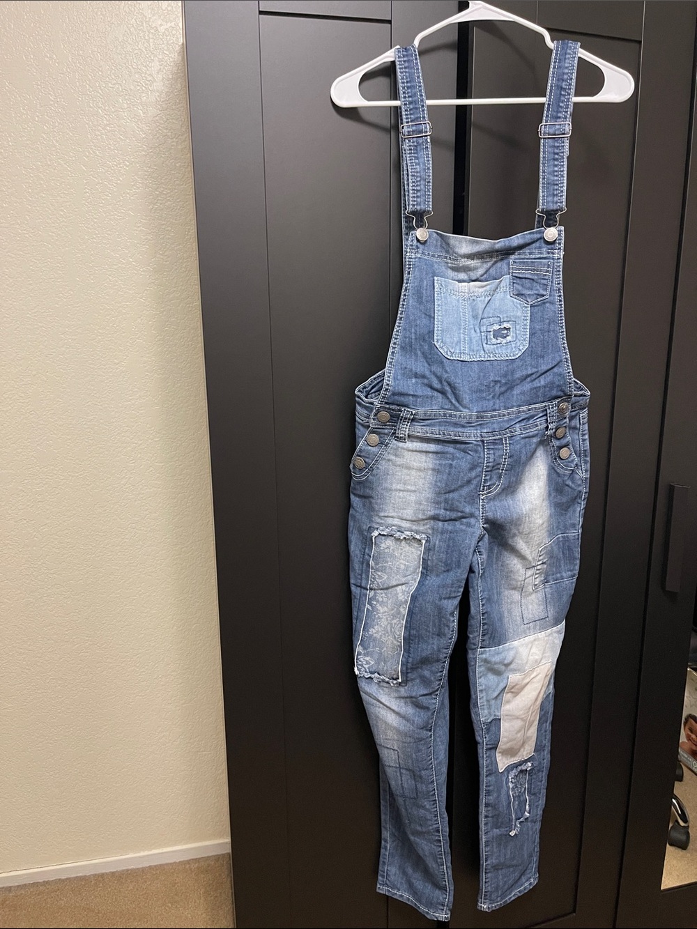 Rue21 Distressed Patchwork Denim Overalls in Light and Medium Blue